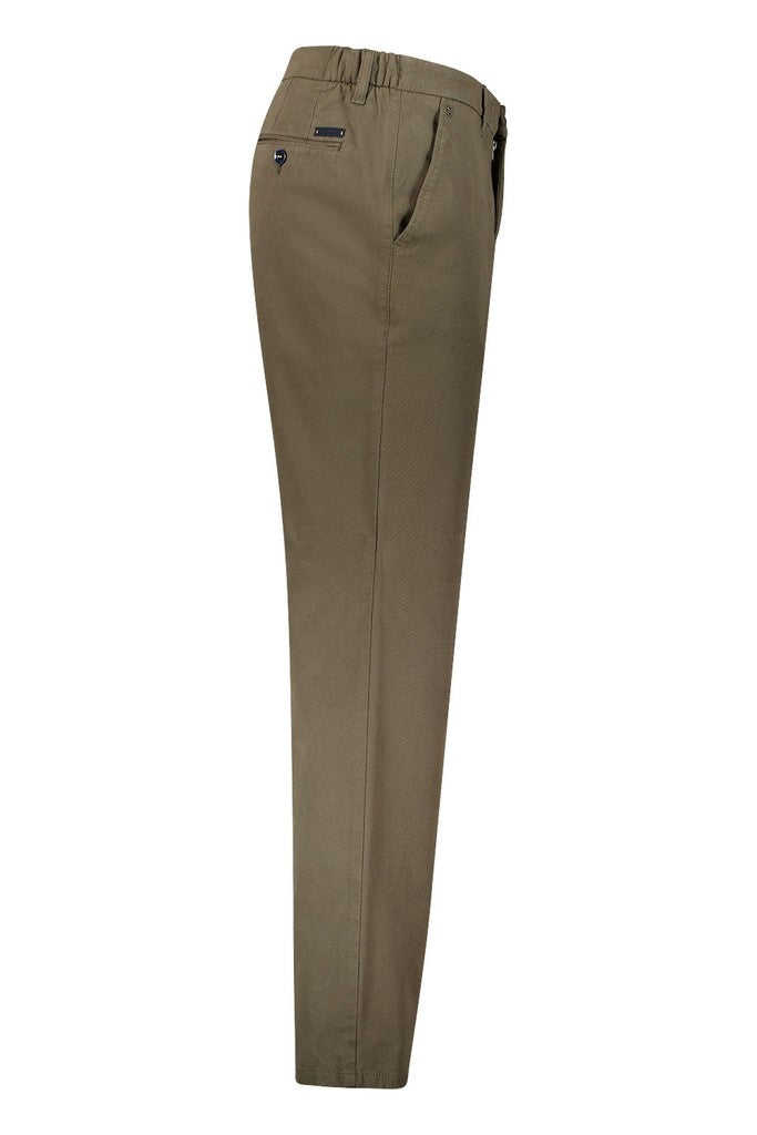 A pair of modern-fit trousers in a muted olive-brown or khaki-tan color, shown from a side profile view against a plain white background.