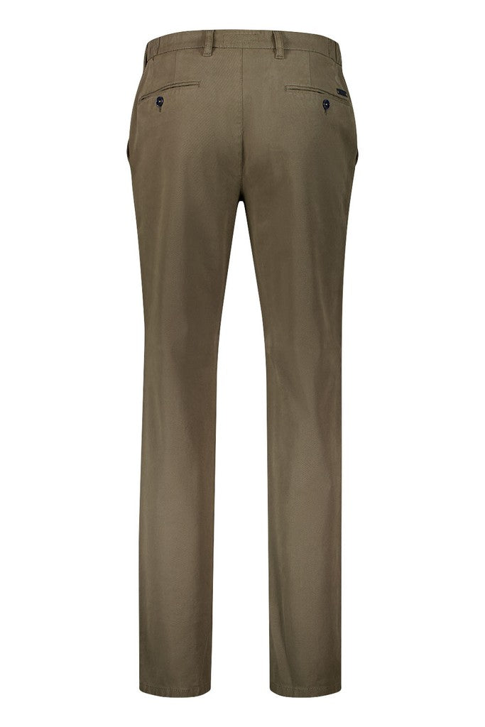 A pair of straight-leg khaki trousers shown from the back, featuring two welt back pockets with small dark button details, on a solid white background.
