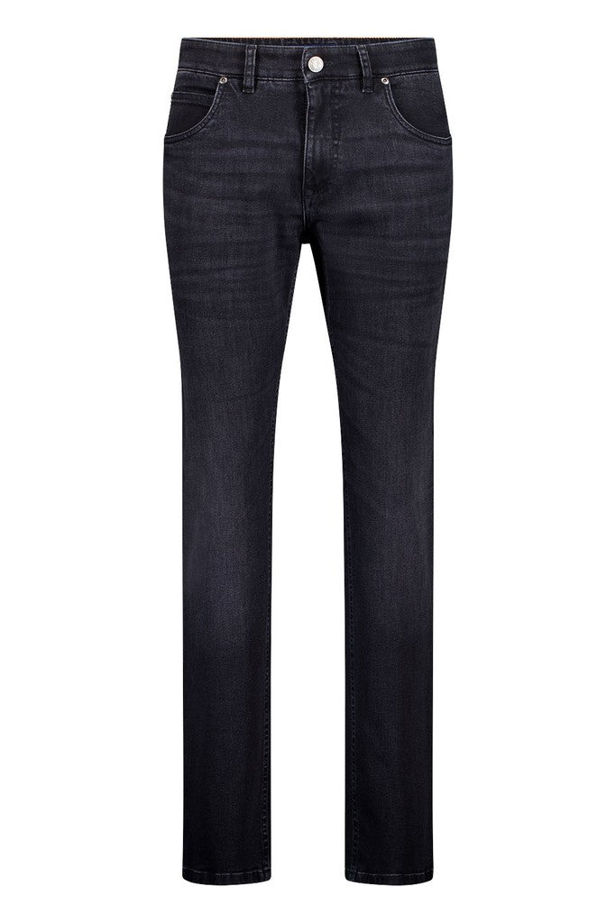 Dark wash slim-fit jeans shown flat against a solid white background.