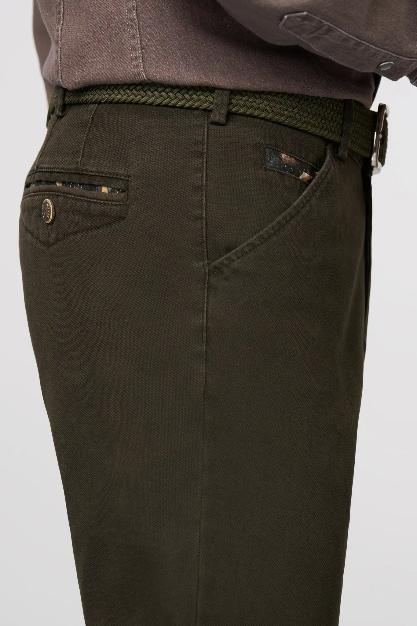 Meyer Chicago Chino Trouser on model, side, Dark Green - Matt O'Brien Fashions