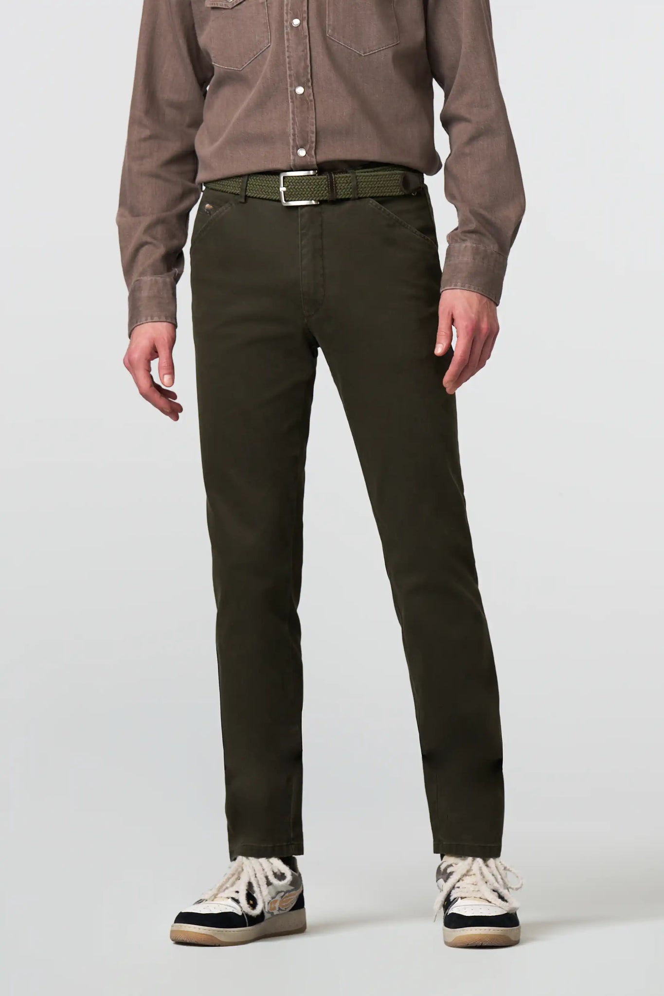 Meyer Chicago Chino Trouser on model, front, Dark Green - Matt O'Brien Fashions