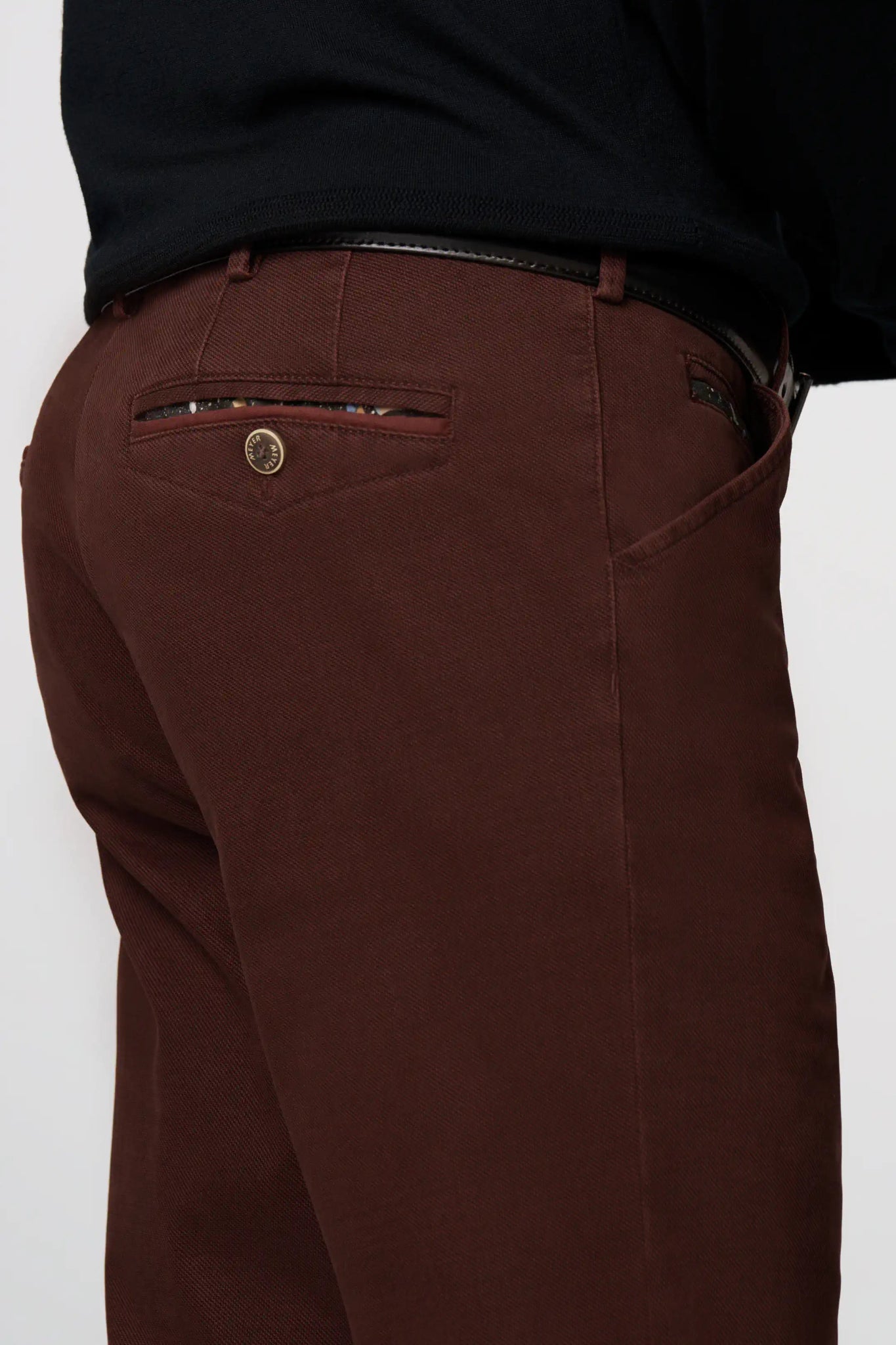 Meyer Chicago Chino Trouser on model, side, Burgundy - Matt O'Brien Fashions