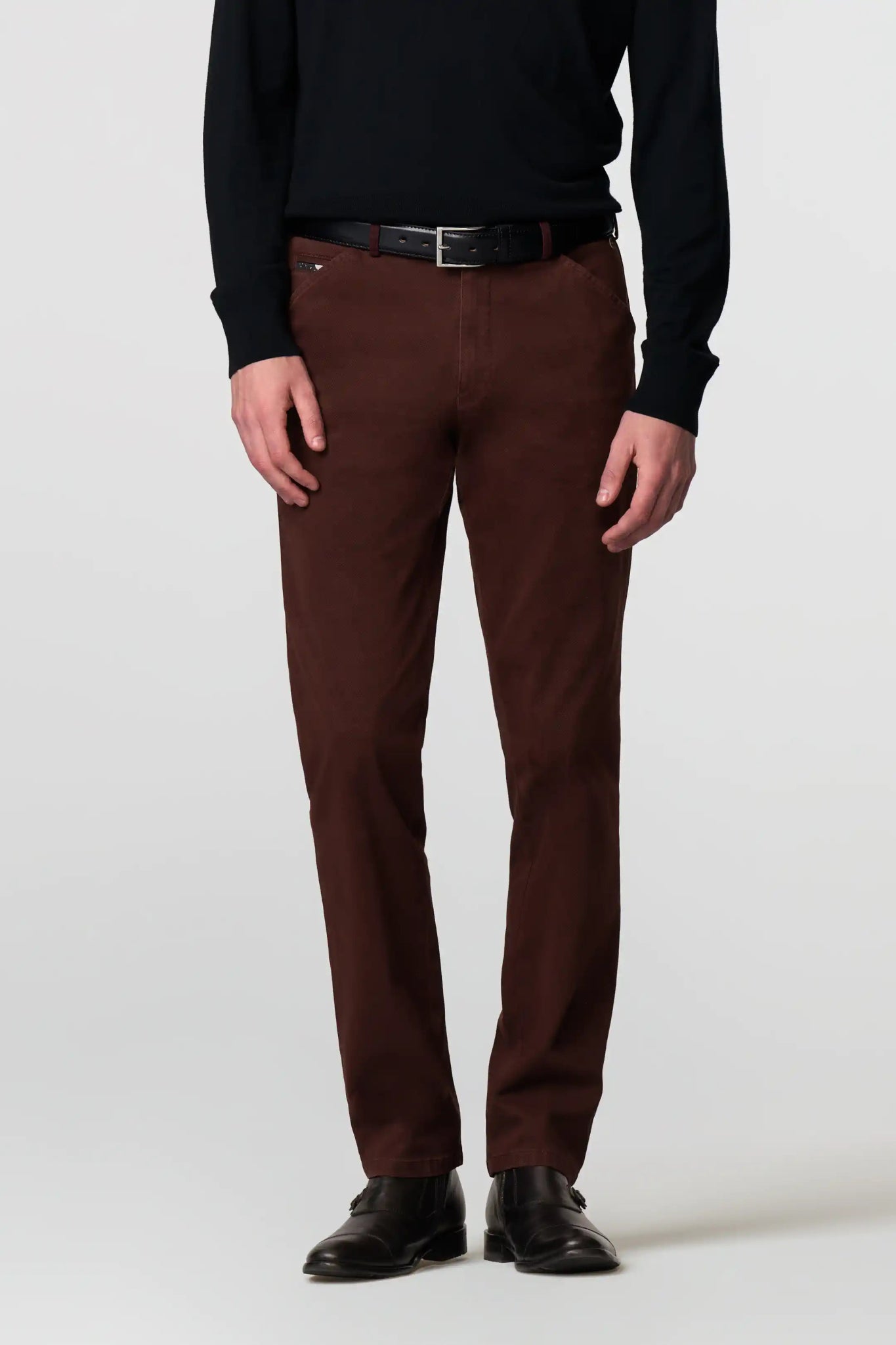 Meyer Chicago Chino Trouser on model, front, Burgundy - Matt O'Brien Fashions