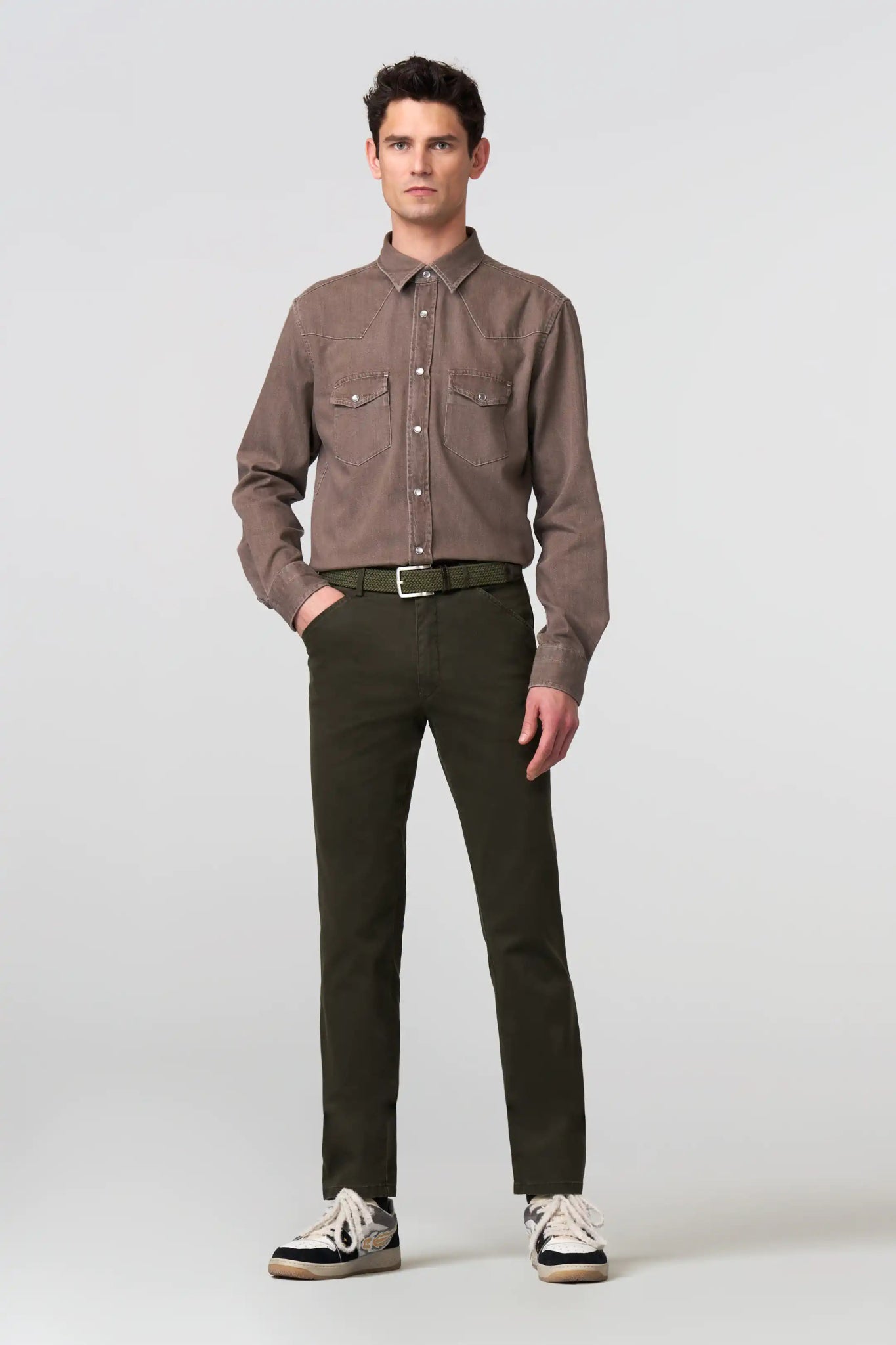 Meyer Chicago Chino Trouser on model, front full length, Dark green - Matt O'Brien Fashions
