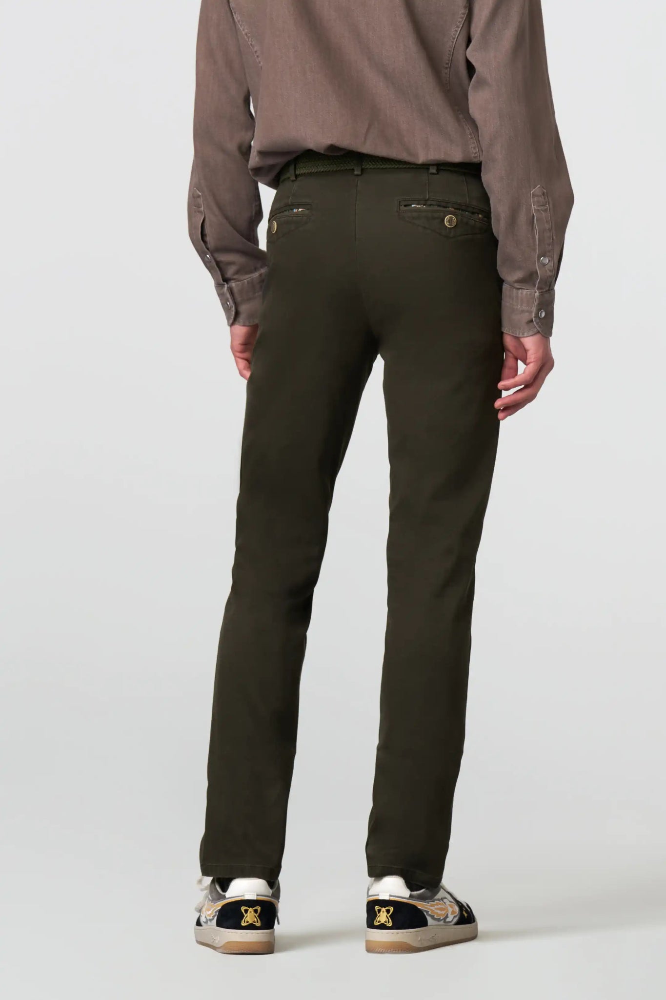 Meyer Chicago Chino Trouser on model, back, Dark Green - Matt O'Brien Fashions