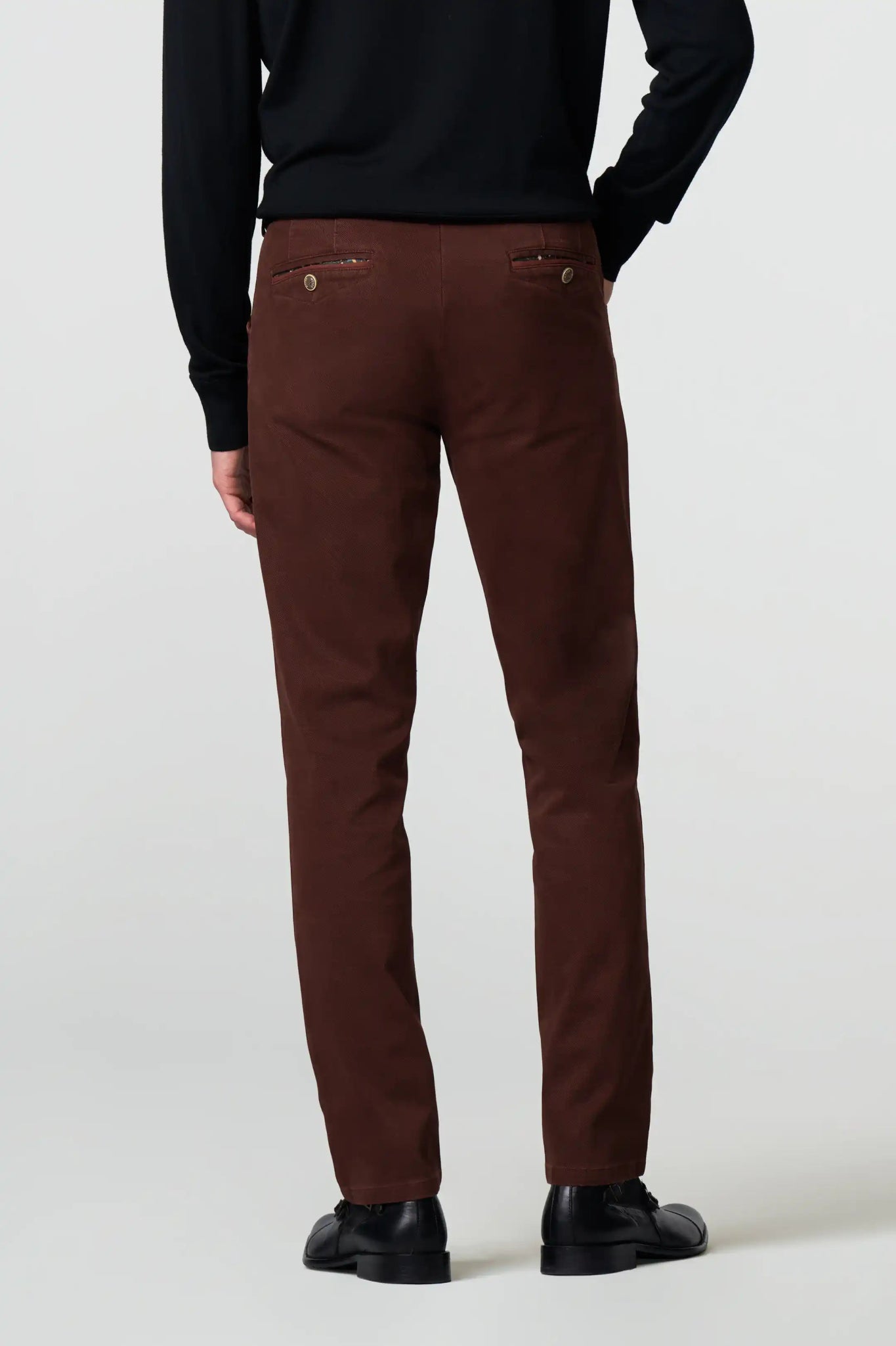 Meyer Chicago Chino Trouser on model, back, Burgundy - Matt O'Brien Fashions