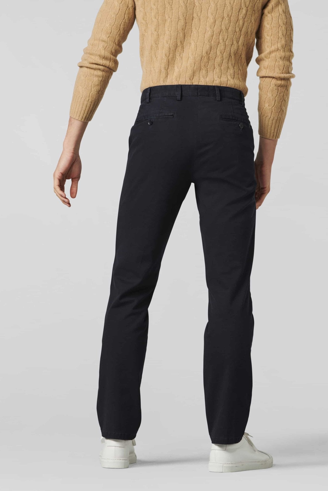 Meyer Oslo Flex Casual Trousers on model, back, Navy - Matt O'Brien Fashions