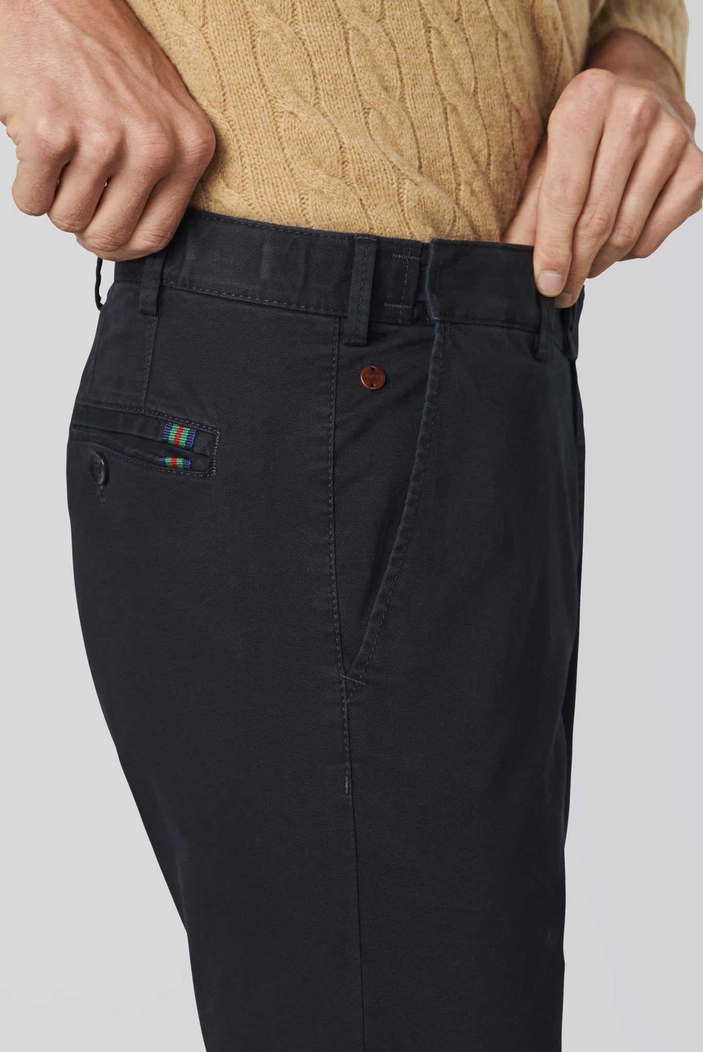 Meyer Oslo Flex Casual Trousers on model, side, Navy - Matt O'Brien Fashions