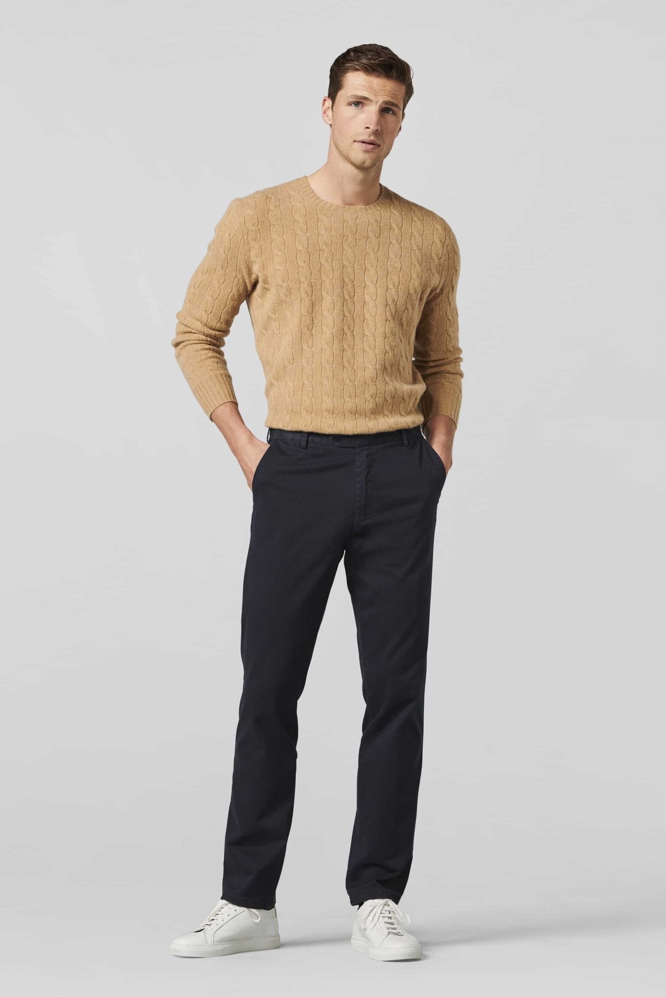 Meyer Oslo Flex Casual Trousers on model, front full length, Navy - Matt O'Brien Fashions