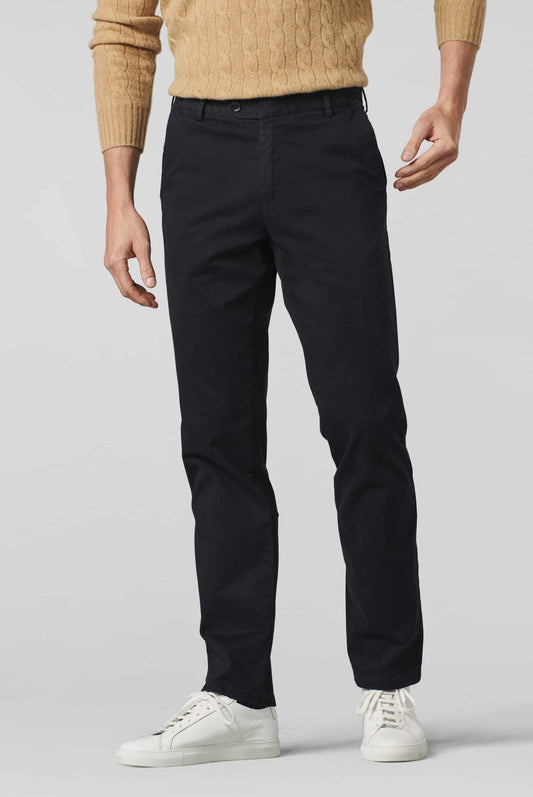 Meyer Oslo Flex Casual Trousers on model, front, Navy - Matt O'Brien Fashions