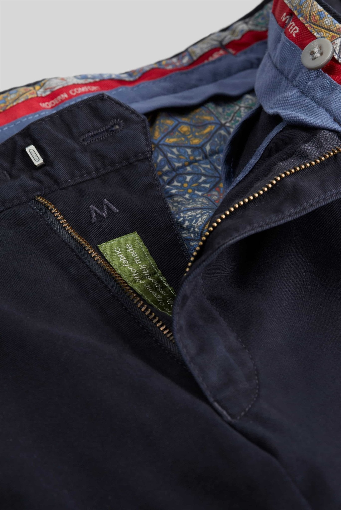 Meyer Oslo Flex Casual Trousers waistband inside lining, Navy - Matt O'Brien Fashions