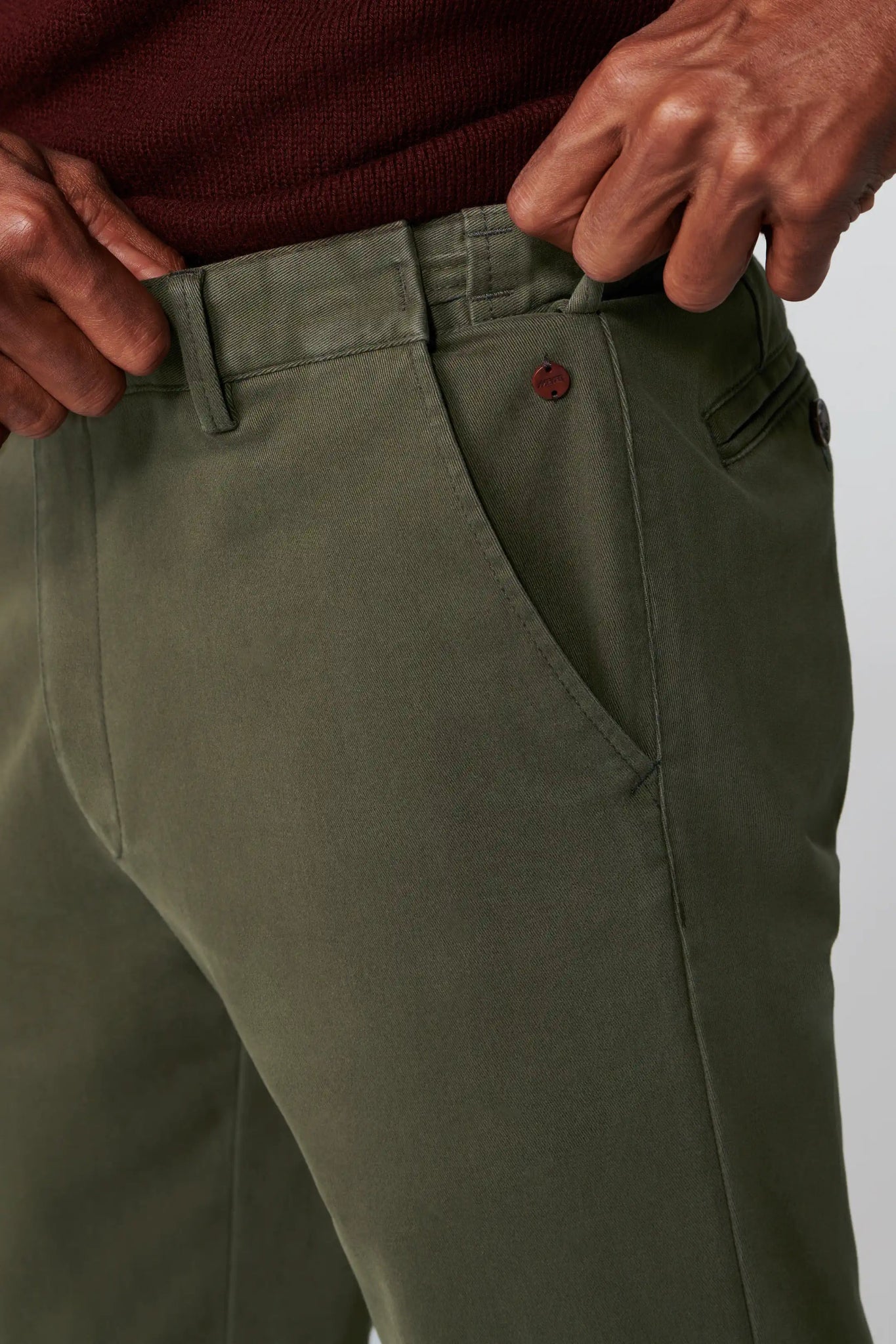 Meyer Oslo Flex Chino on model, side, Laurel - Matt O'Brien Fashions