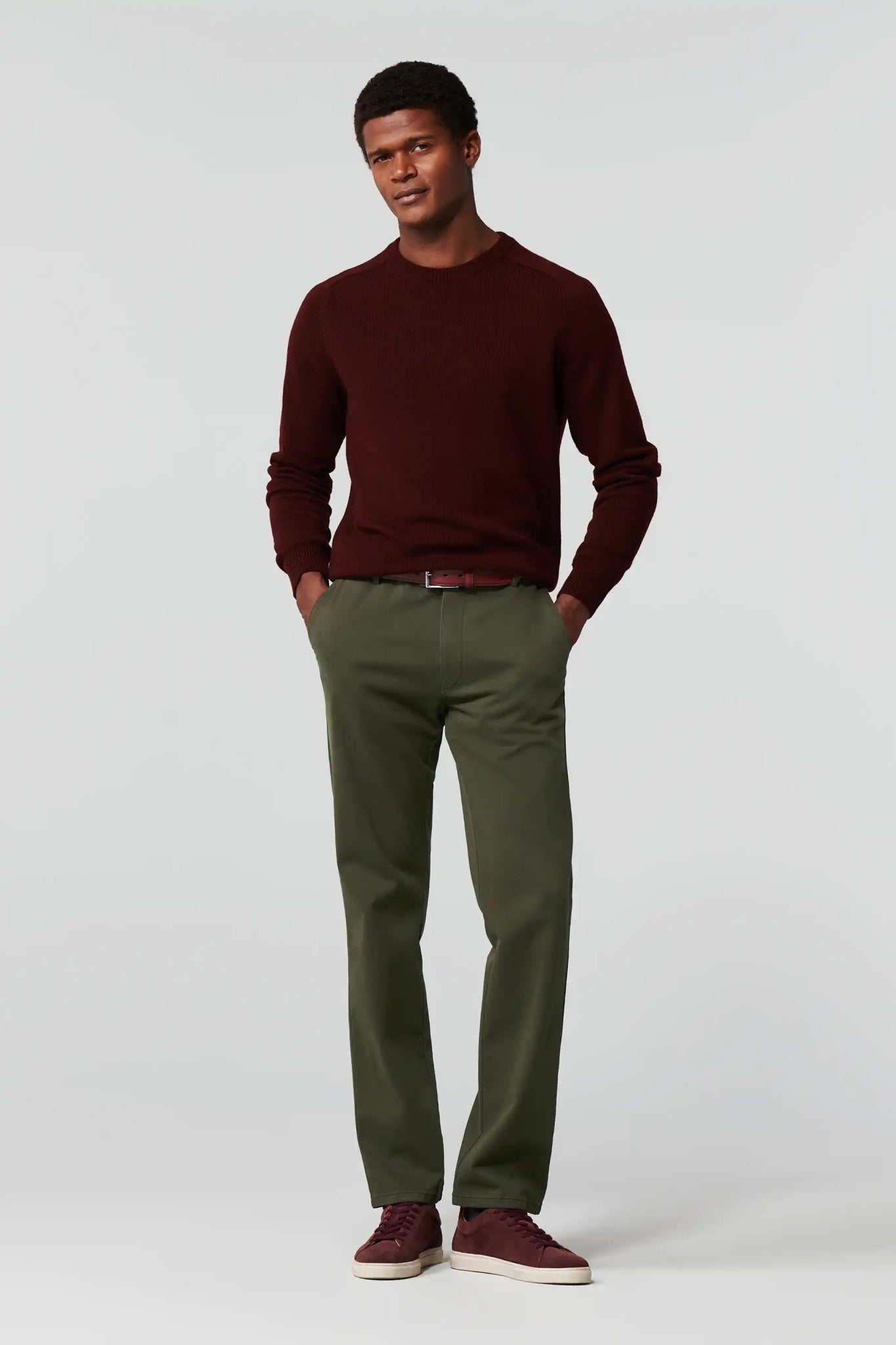 Meyer Oslo Flex Chino on model, full length, Laurel - Matt O'Brien Fashions