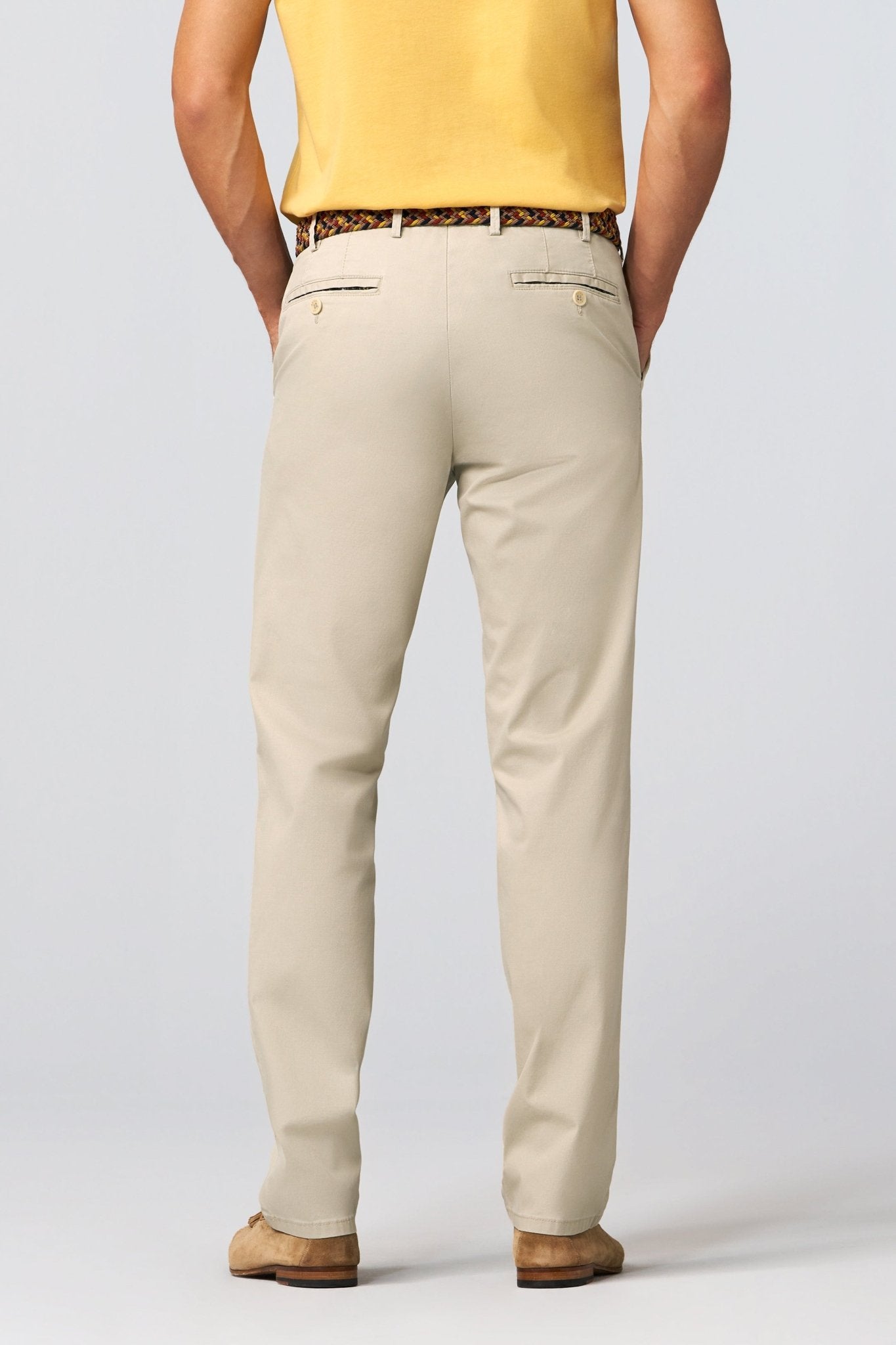 Meyer Oslo Perfect Fit Chino on model, back, Cream - Matt O'Brien Fashions
