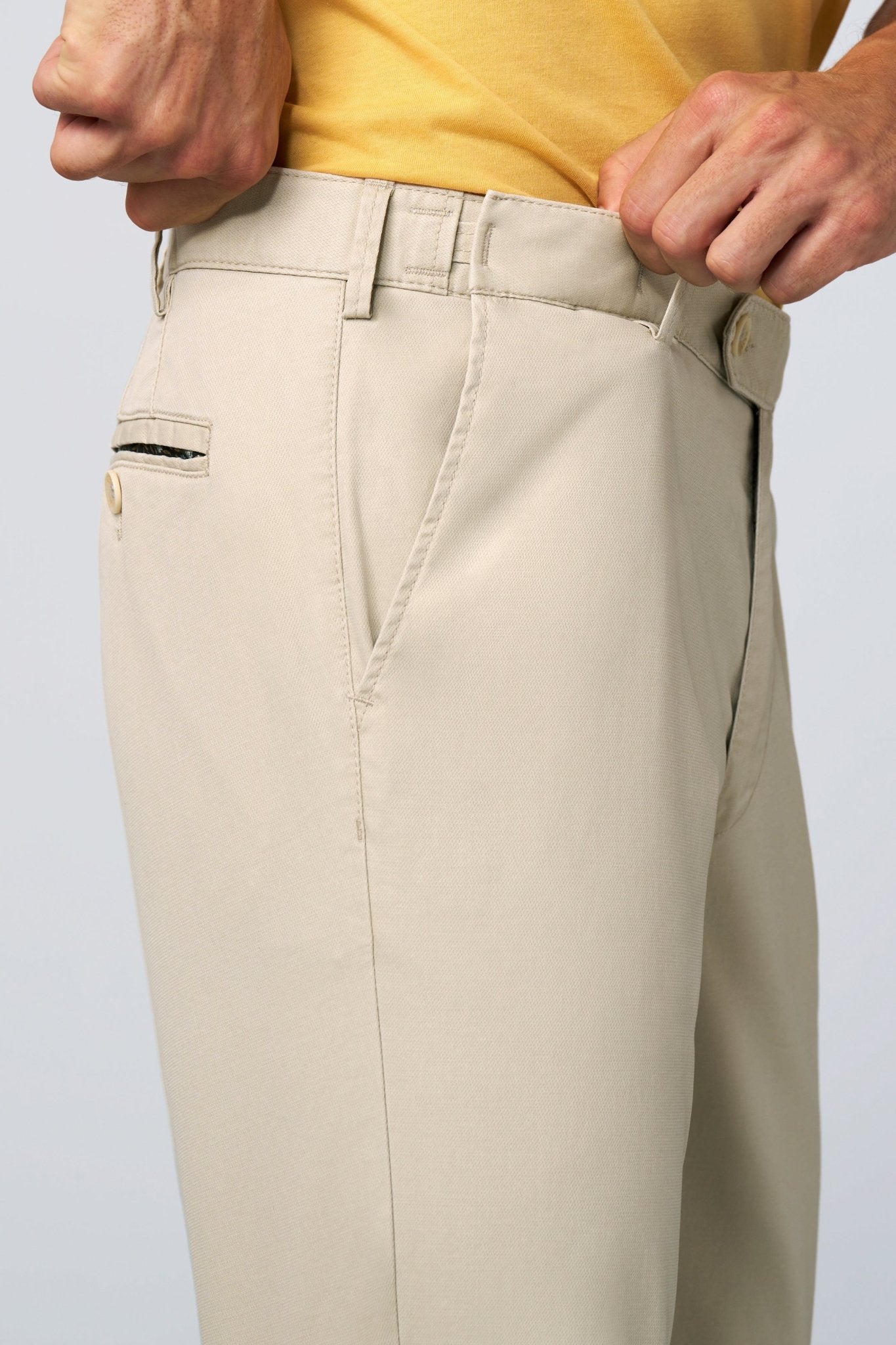 Meyer Oslo Perfect Fit Chino on model, side, Cream - Matt O'Brien Fashions