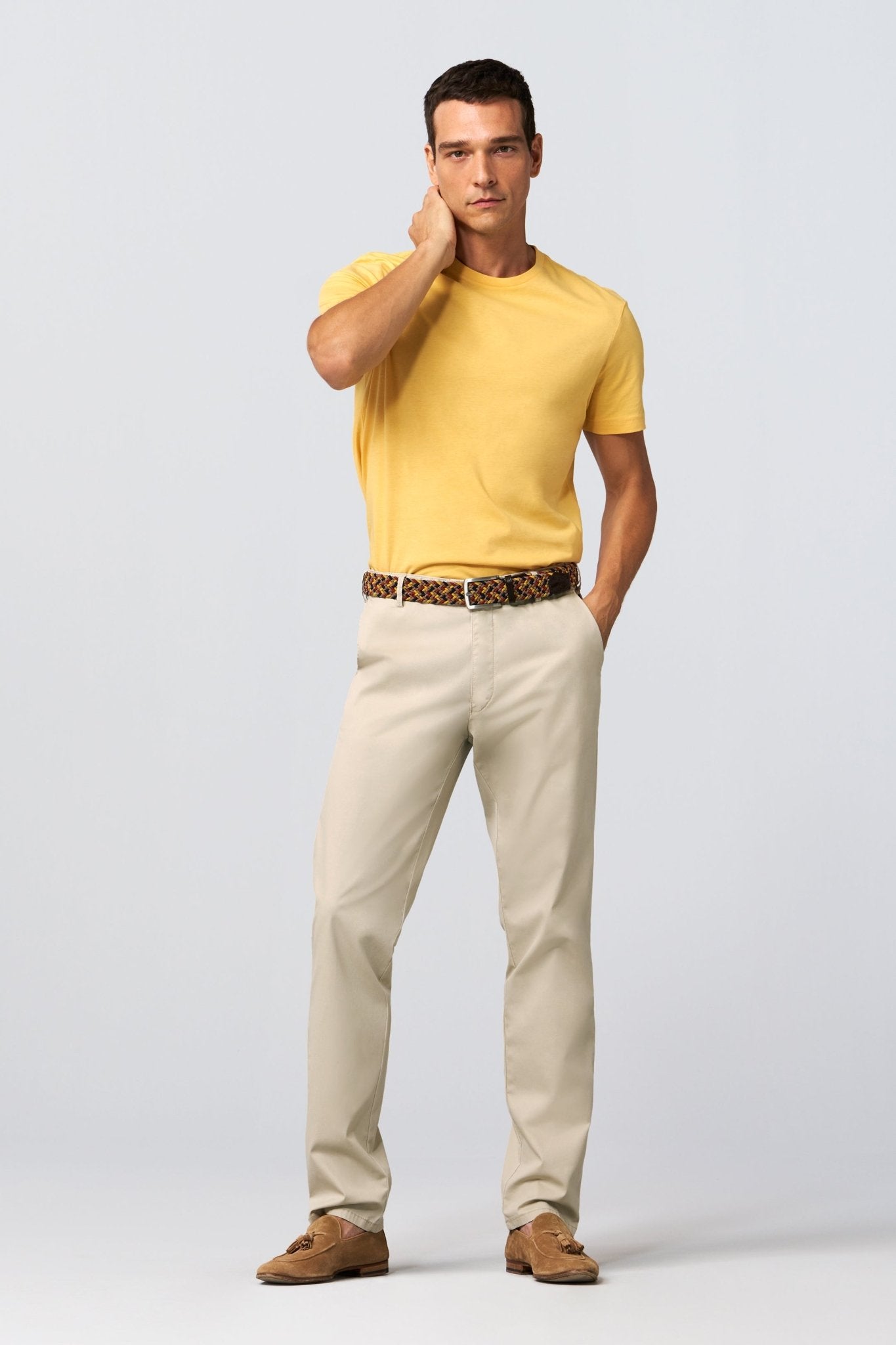 Meyer Oslo Perfect Fit Chino on model, front full length, Cream - Matt O'Brien Fashions