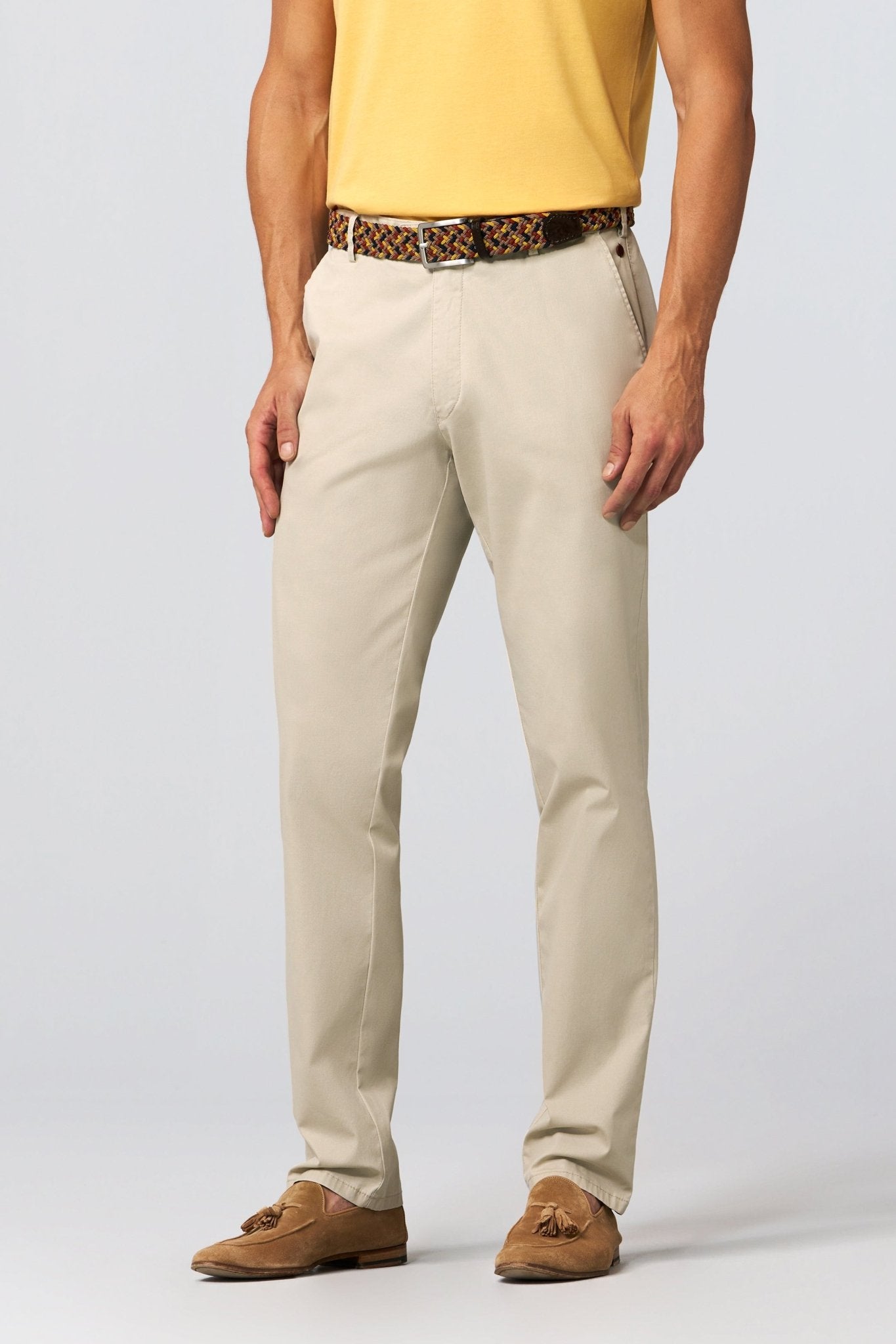 Meyer Oslo Perfect Fit Chino on model, front, Cream - Matt O'Brien Fashions