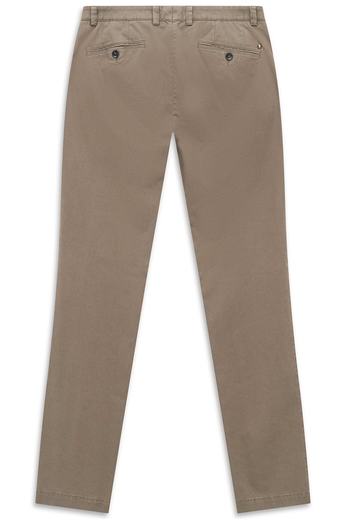 Dark beige chinos flat on a white background