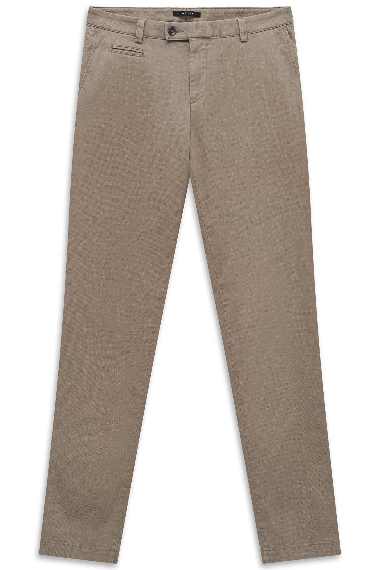 Dark beige chinos flat on a white background