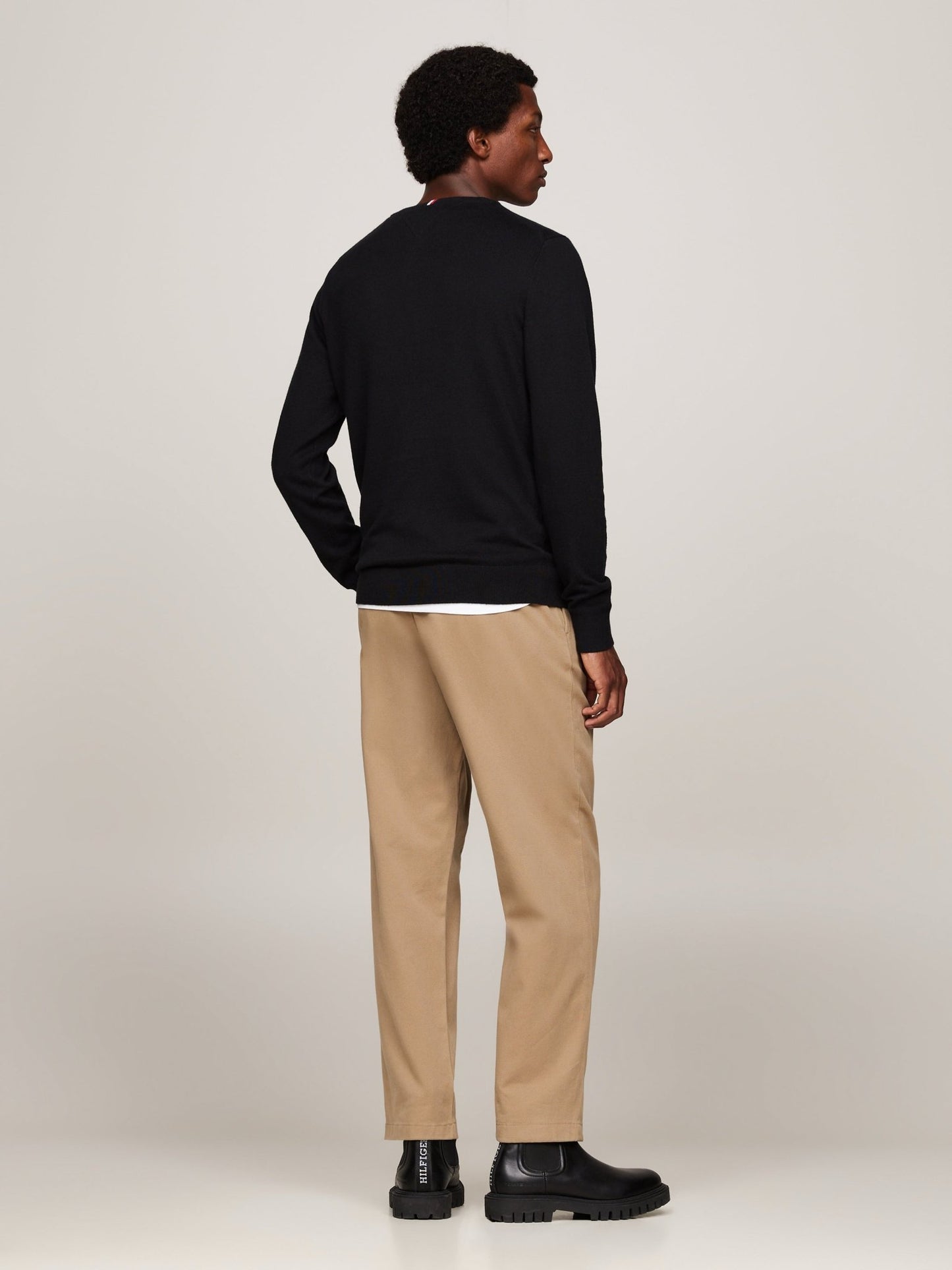 Tommy Hilfiger Cotton Cashmere V Neck Jumper on model, back, Black - Matt O'Brien Fashions