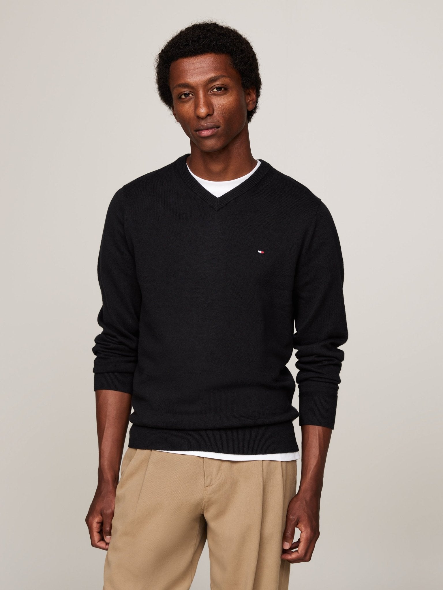 Tommy Hilfiger Cotton Cashmere V Neck Jumper on model, front, Black - Matt O'Brien Fashions