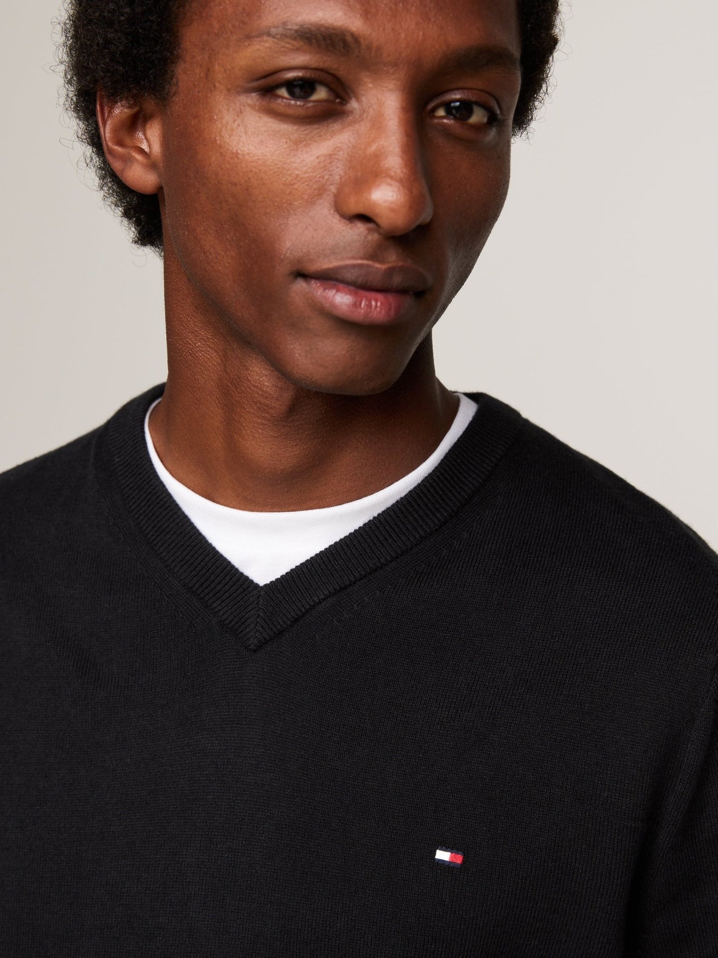Tommy Hilfiger Cotton Cashmere V Neck Jumper on model, front close up, Black - Matt O'Brien Fashions