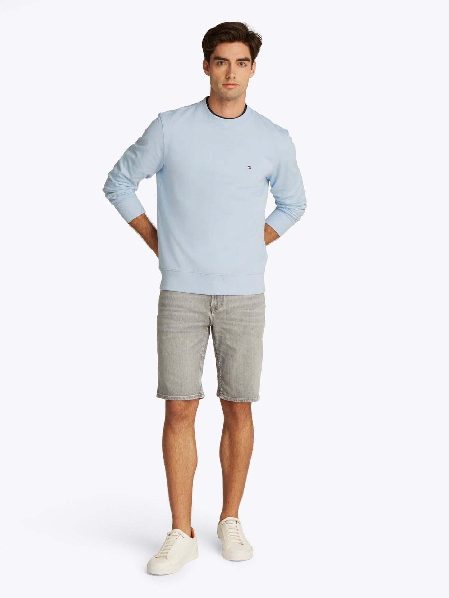 Tommy Hilfiger Crew Neck Sweatshirt on model, front full length, breezy blue - Matt O'Brien Fashions
