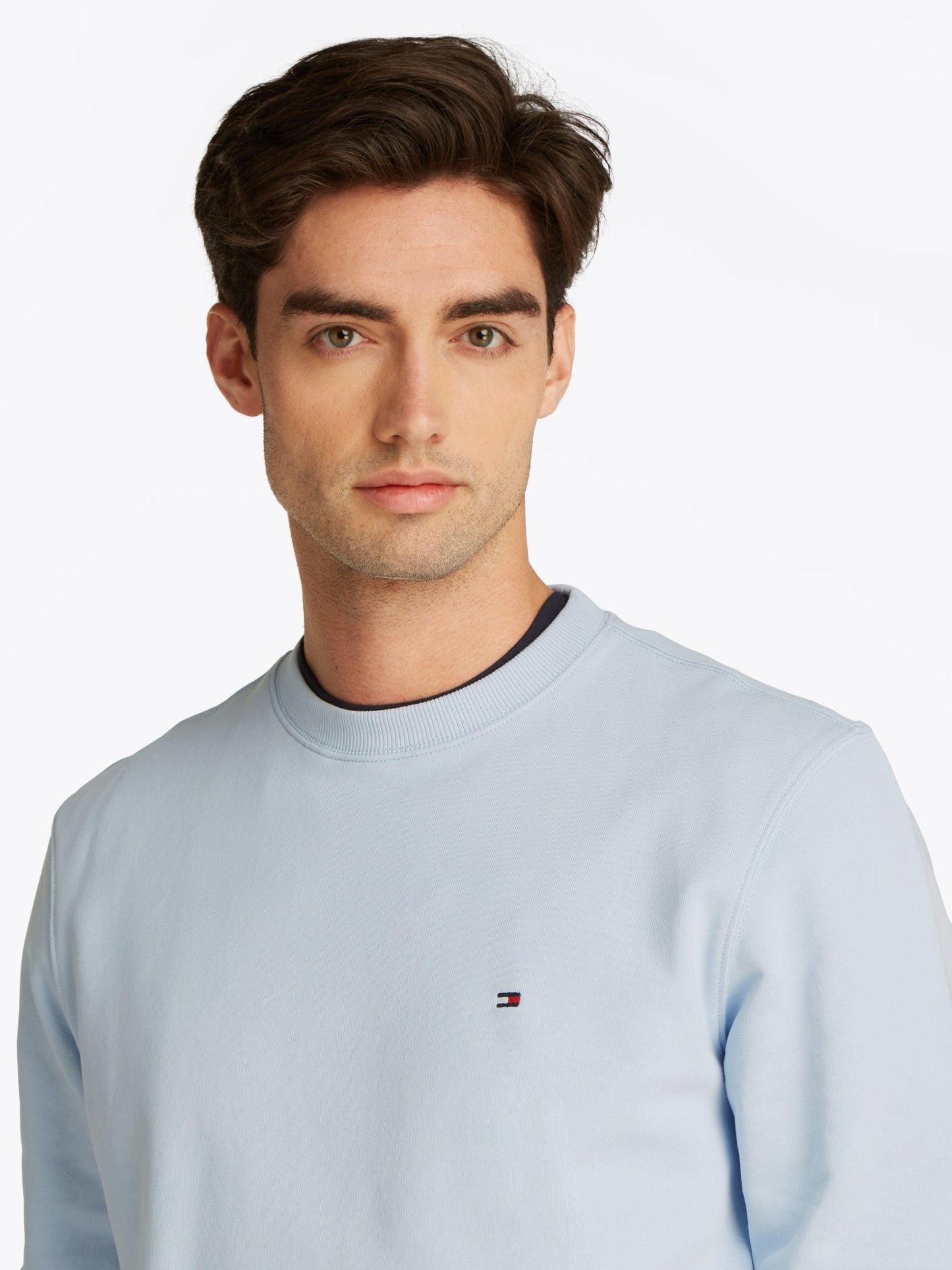 Tommy Hilfiger Crew Neck Sweatshirt on model, front close up, breezy blue - Matt O'Brien Fashions 