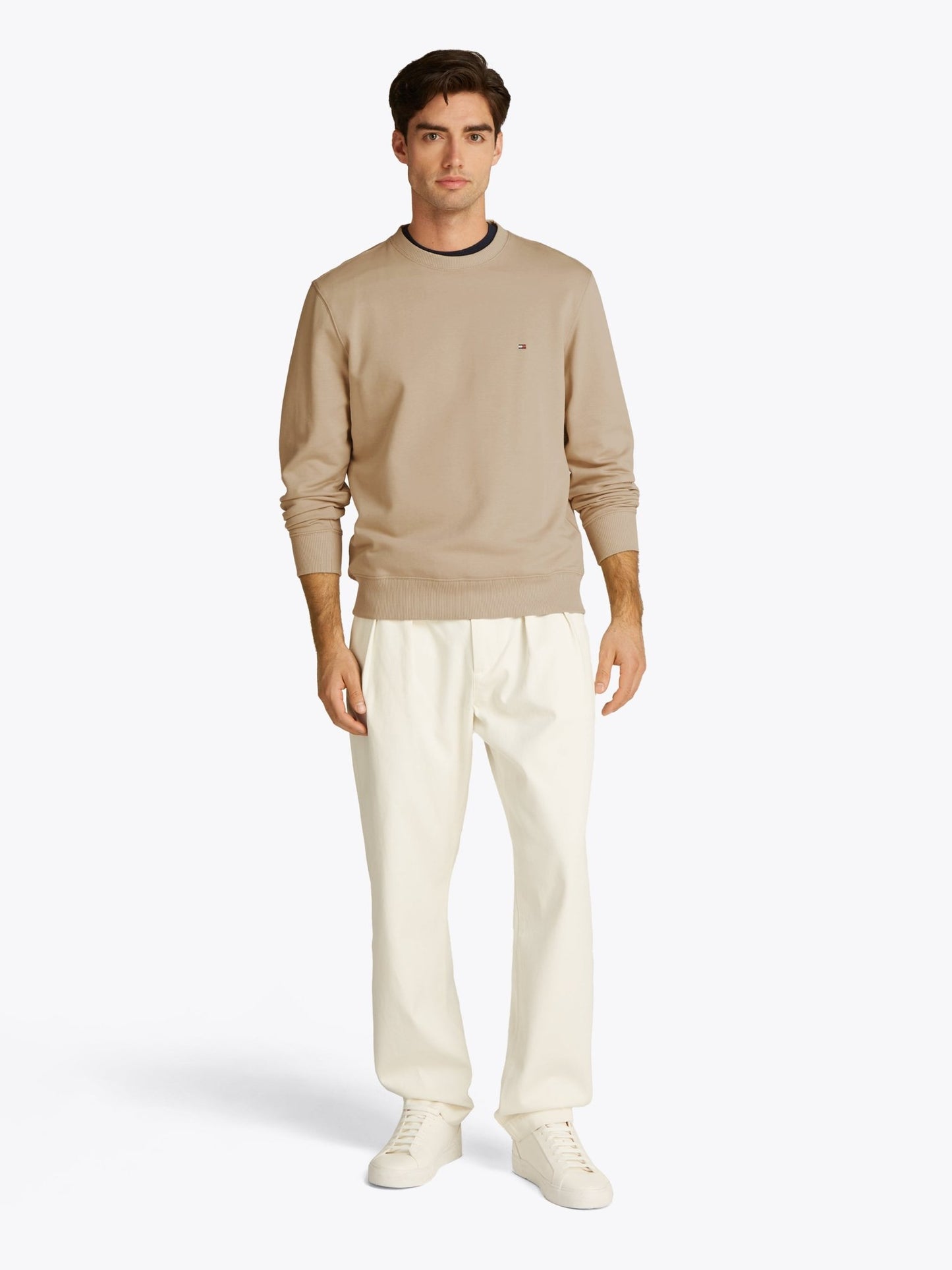Tommy Hilfiger Crew Neck Sweatshirt on model, front full length, sandalwood - Matt O'Brien Fashions