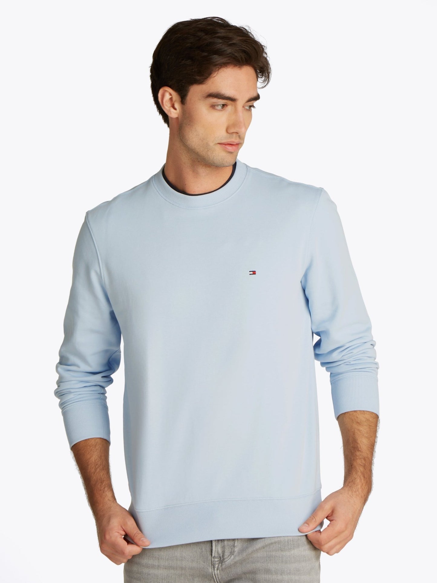 Tommy Hilfiger Crew Neck Sweatshirt on model, front, breezy blue - Matt O'Brien Fashions