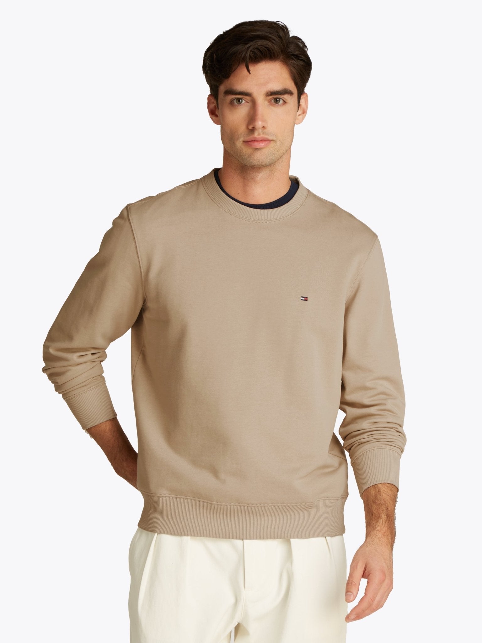 Tommy Hilfiger Crew Neck Sweatshirt on model, front, sandalwood - Matt O'Brien Fashions