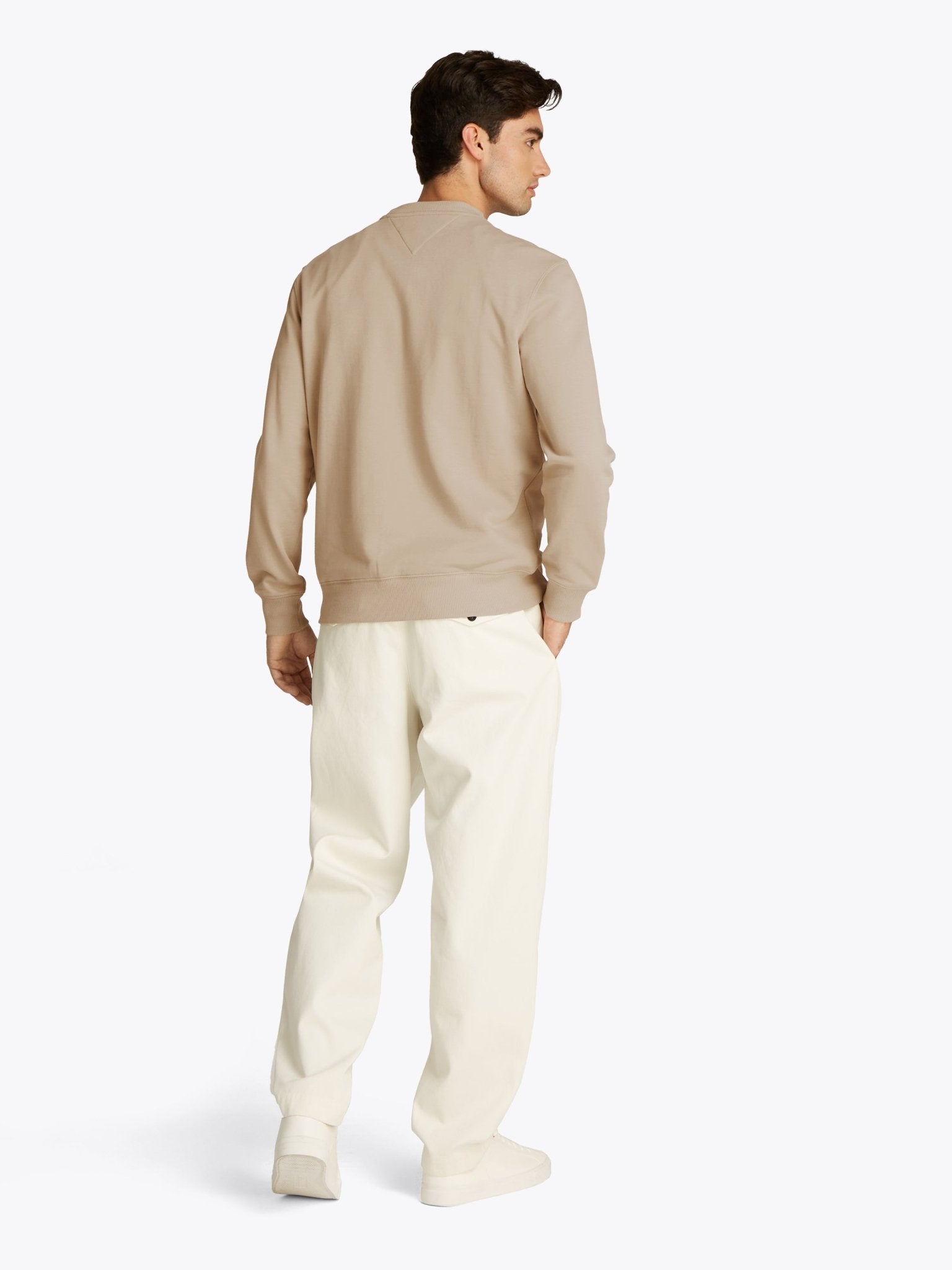 Tommy Hilfiger Crew Neck Sweatshirt on model, back, sandalwood - Matt O'Brien Fashions
