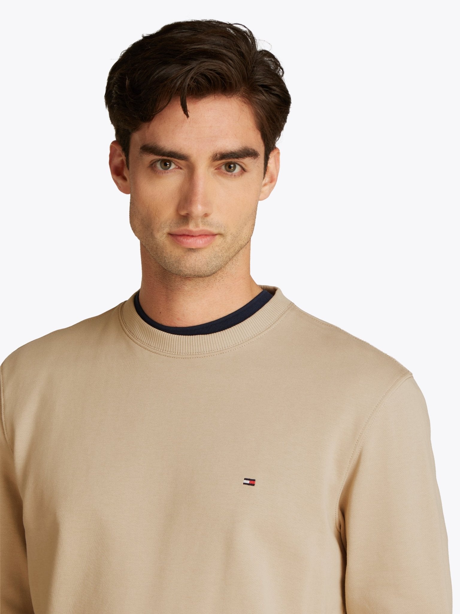 Tommy Hilfiger Crew Neck Sweatshirt on model, front close up, sandalwood - Matt O'Brien Fashions