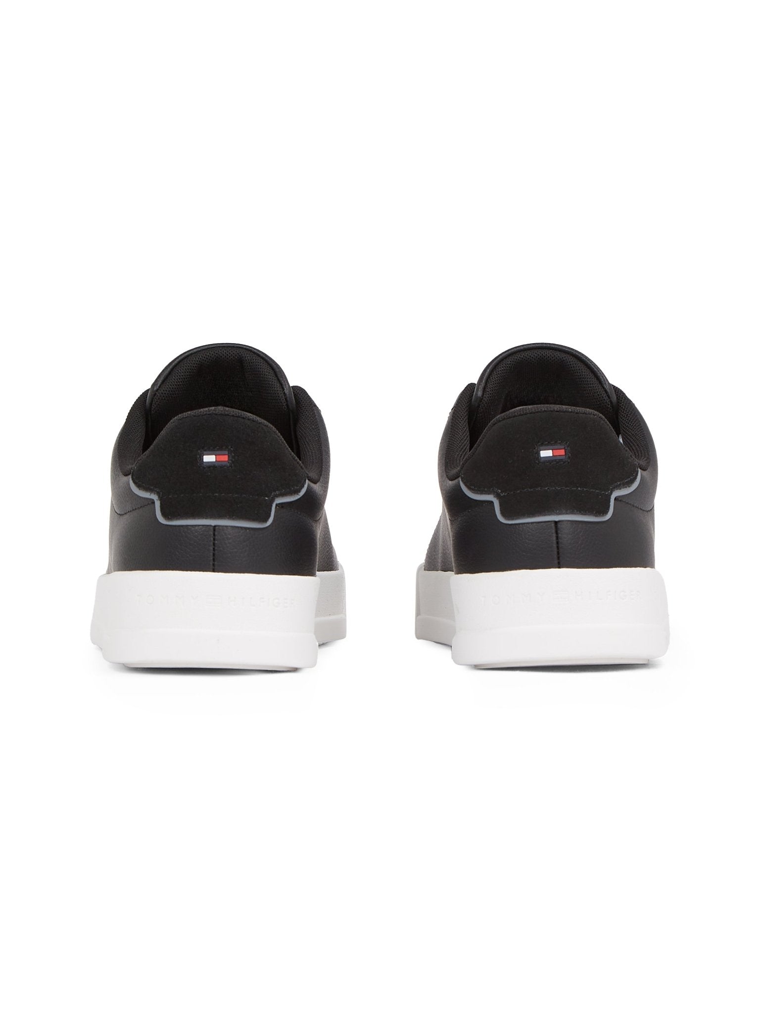 Tommy Hilfiger Essential Leather Court Shoes, pair heel view, black - Matt O'Brien Fashions