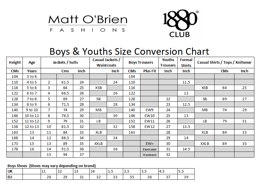 1880 Club Matt O'Brien Fashions Boys & Youths Size Conversion Chart