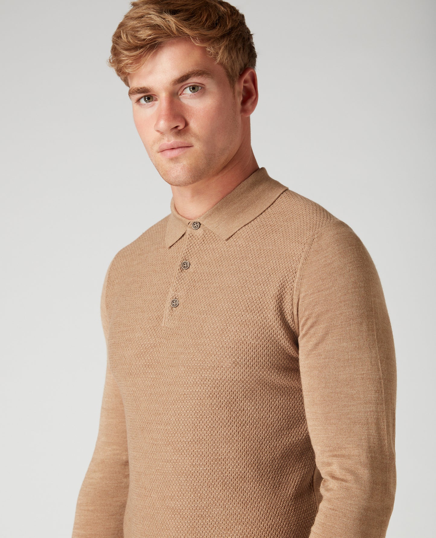 Remus Uomo Long Sleeve Knitted Polo Beige